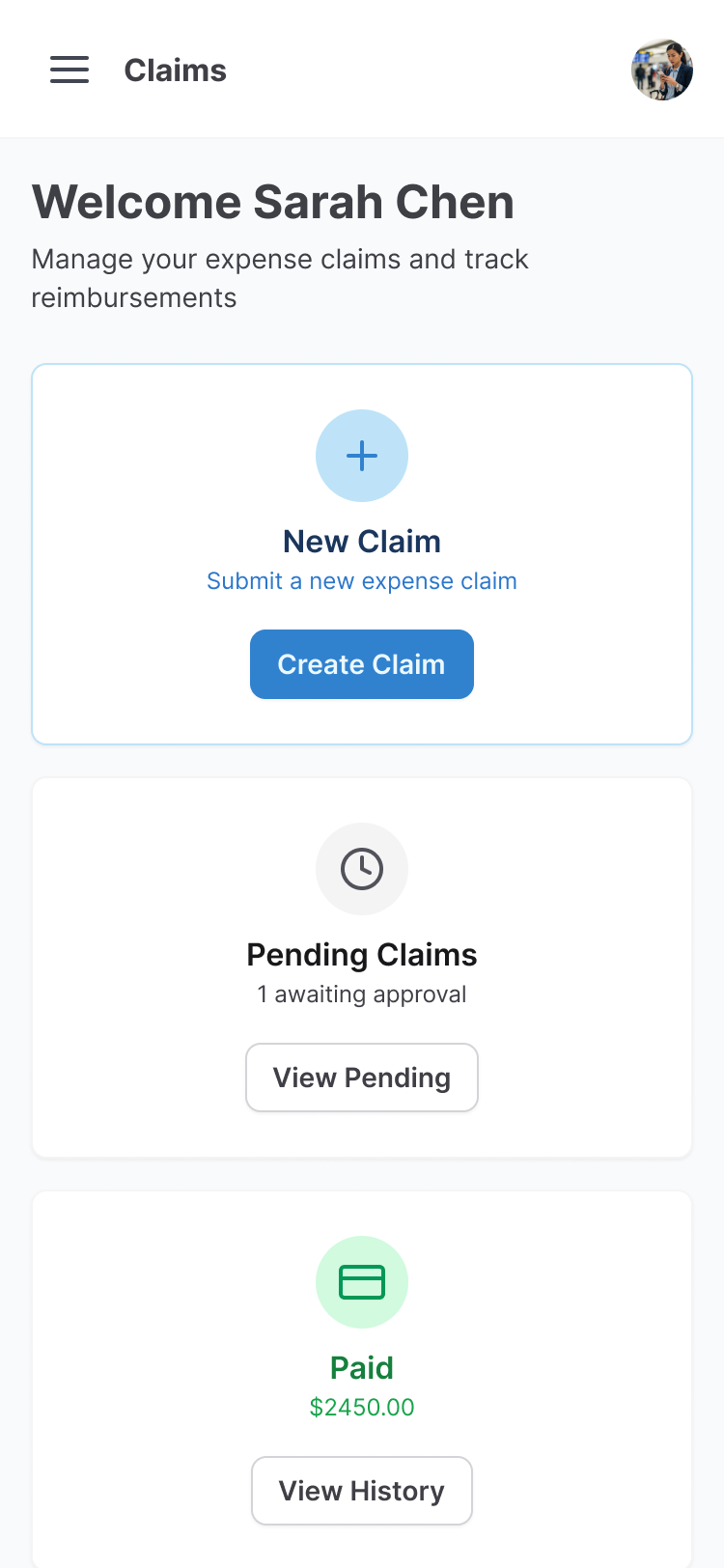 Employee mobile home — New Claim, Pending Claims (1 awaiting approval), Paid ($2450.00)