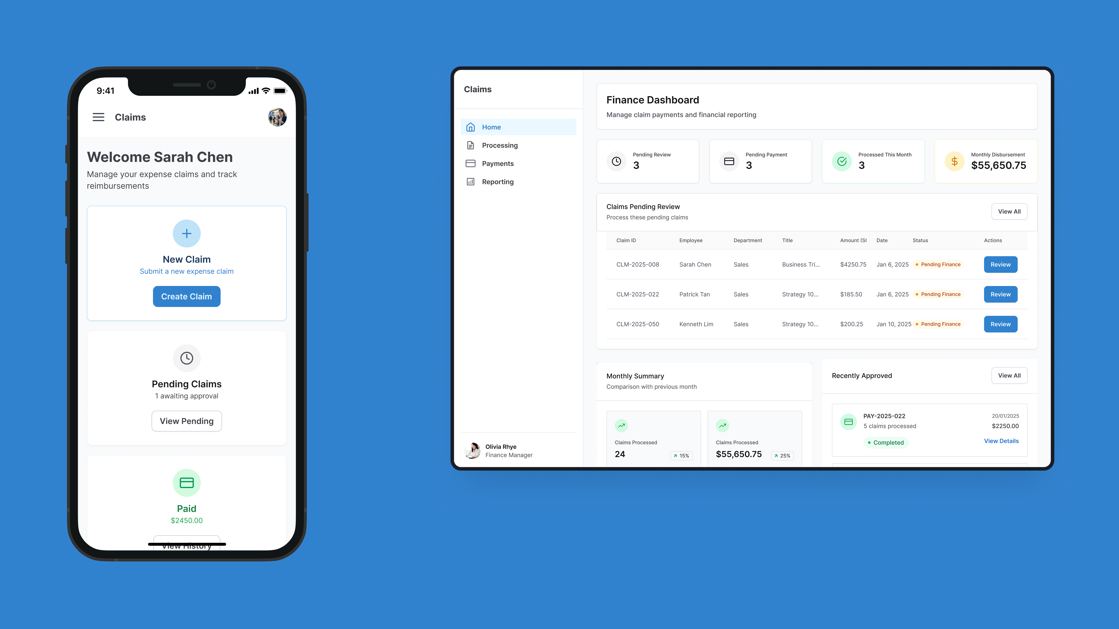 Claims Expense System — employee mobile home screen beside the Finance web dashboard