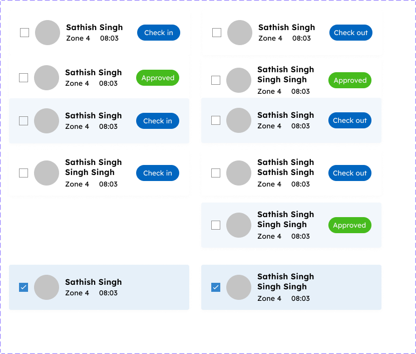 Pre-change attendance prototype with “Check in” and “Check out” actions