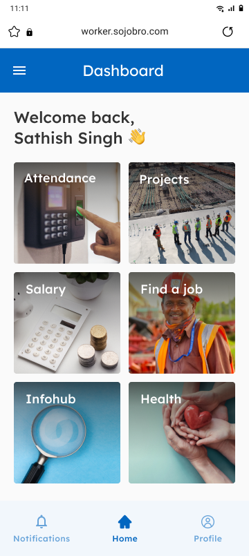 Worker mobile dashboard with Attendance and Project entry points