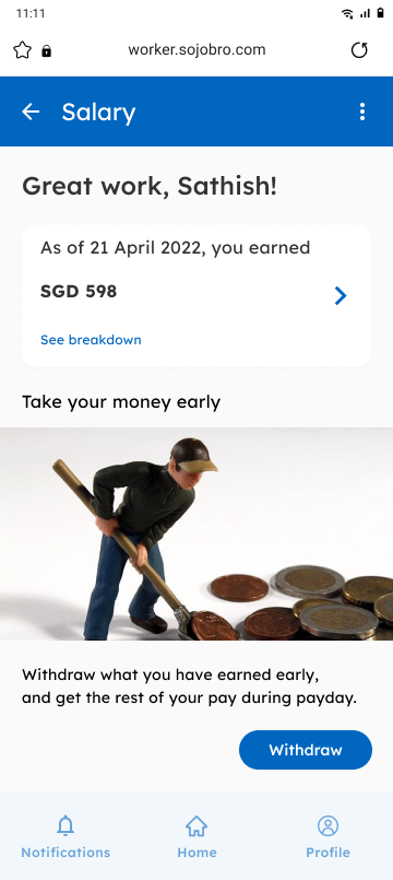 Worker mobile earned wage screen with a separate withdrawal action