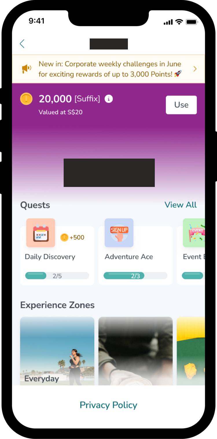 April 2024 Wellness Zone landing with points, quests, and experience zones